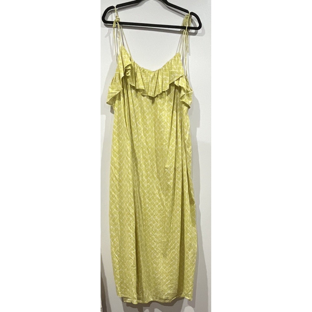 H&M Women Lime Green White Geometric Fan Print Ruffle Tie Strap Midi Dress XL